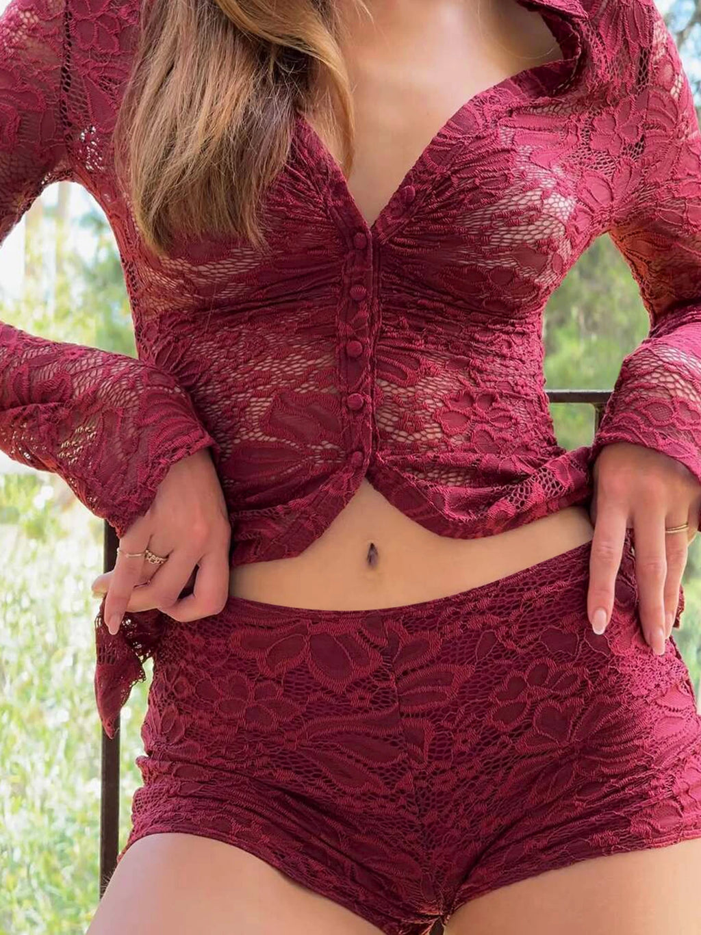 Sheer Lace Long-Sleeve Two-Piece Pants Set