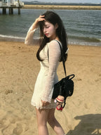Lace-Up Backless Long-Sleeve Mini Dress