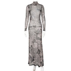 Mesh Sheer Long-Sleeve Bodycon Maxi Dress