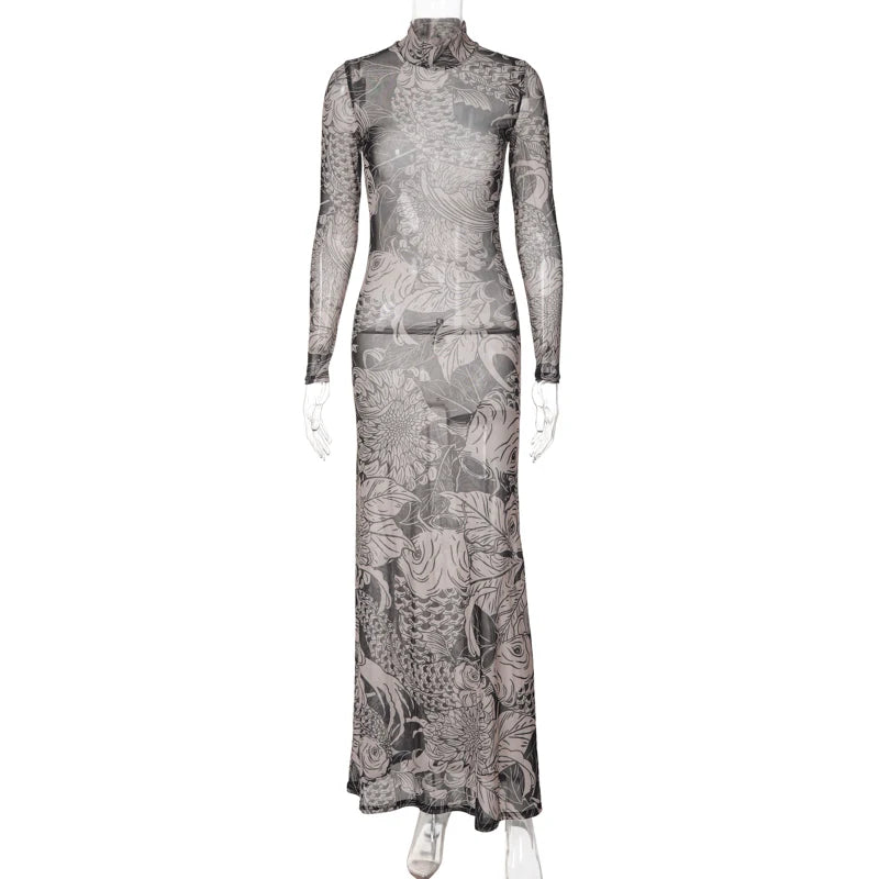 Mesh Sheer Long-Sleeve Bodycon Maxi Dress