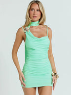 Ruched Backless Tie-Detail Sleeveless Mini Dress