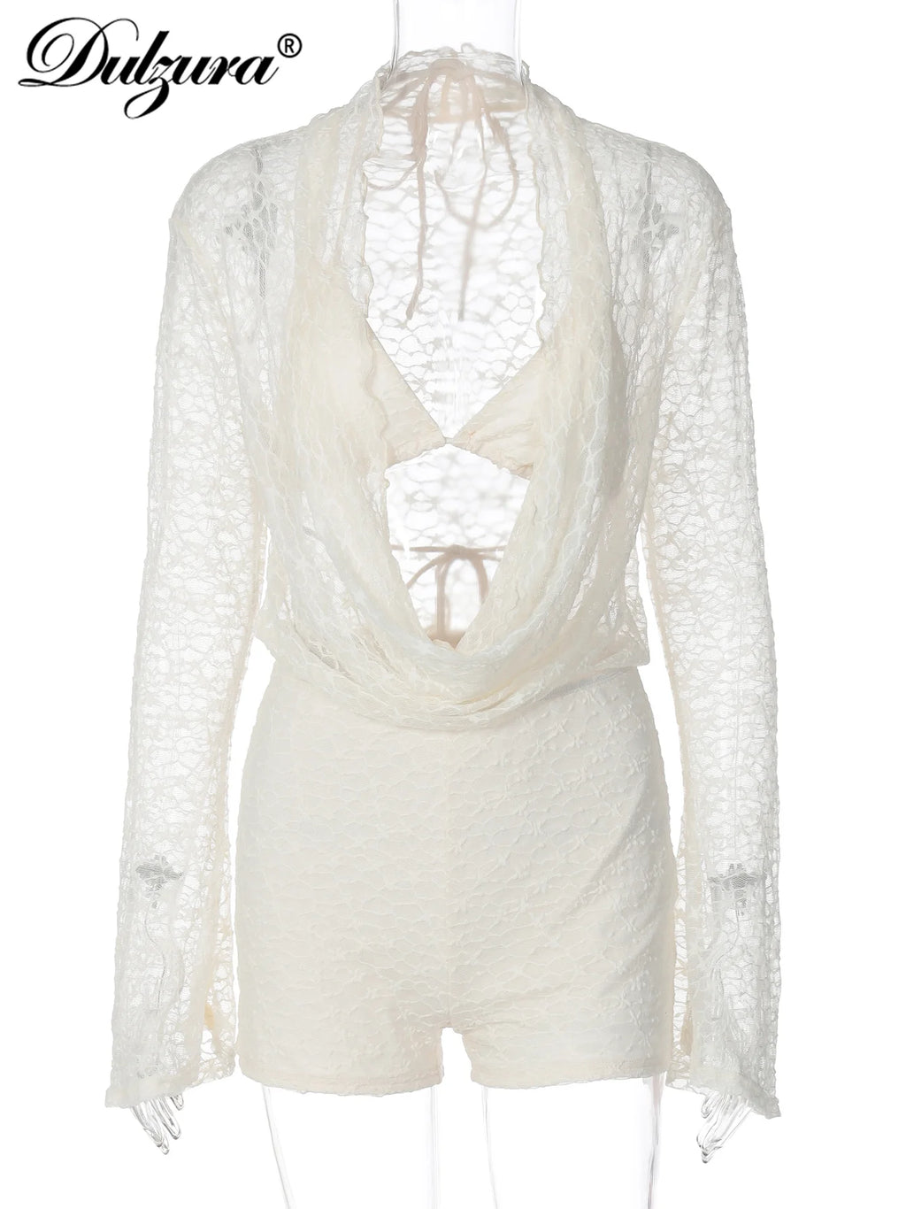 Sheer Lace-Up Long-Sleeve Two-Piece Set