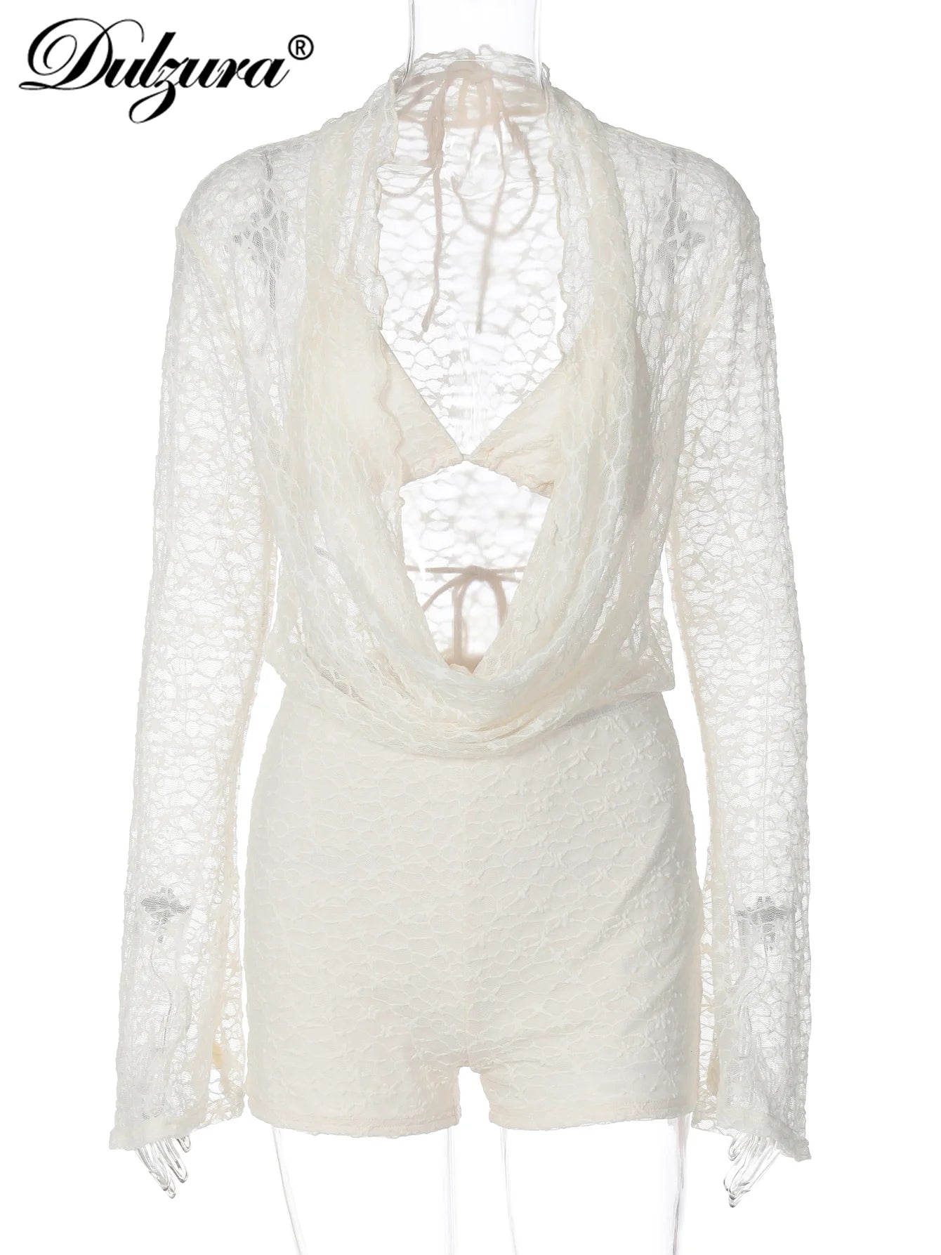 Sheer Lace-Up Long-Sleeve Two-Piece Set
