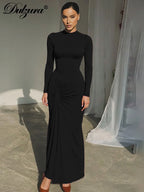 Lace-Up Ruched Long-Sleeve Maxi Dress