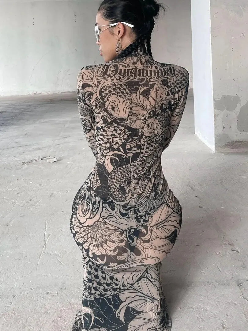 Mesh Sheer Long-Sleeve Bodycon Maxi Dress