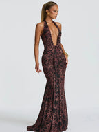 Lace-Up Ruched Backless Tie-Detail Maxi Dress