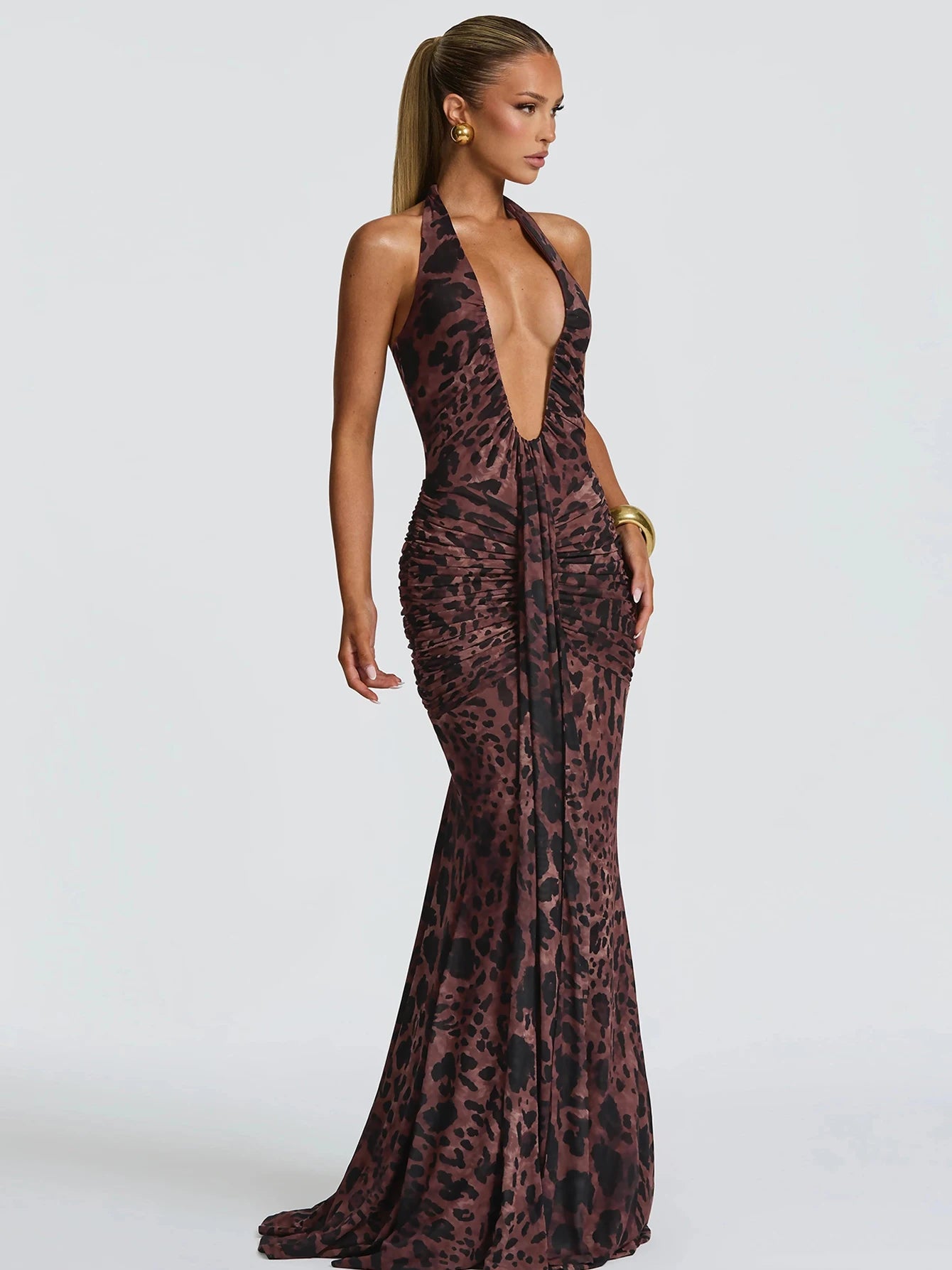 Lace-Up Ruched Backless Tie-Detail Maxi Dress