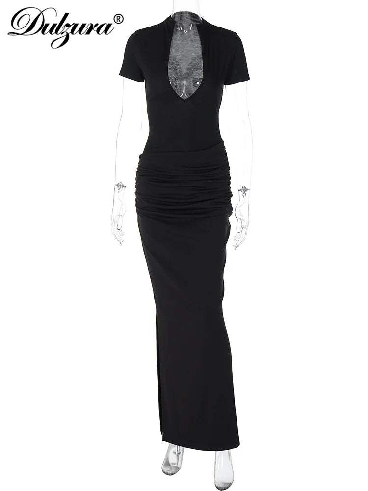 Ruched Side-Slit V-Neck Short-Sleeve Maxi Dress