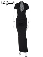 Ruched Side-Slit V-Neck Short-Sleeve Maxi Dress