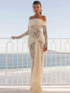 Sheer Lace-Up Ruched Backless Maxi Dress