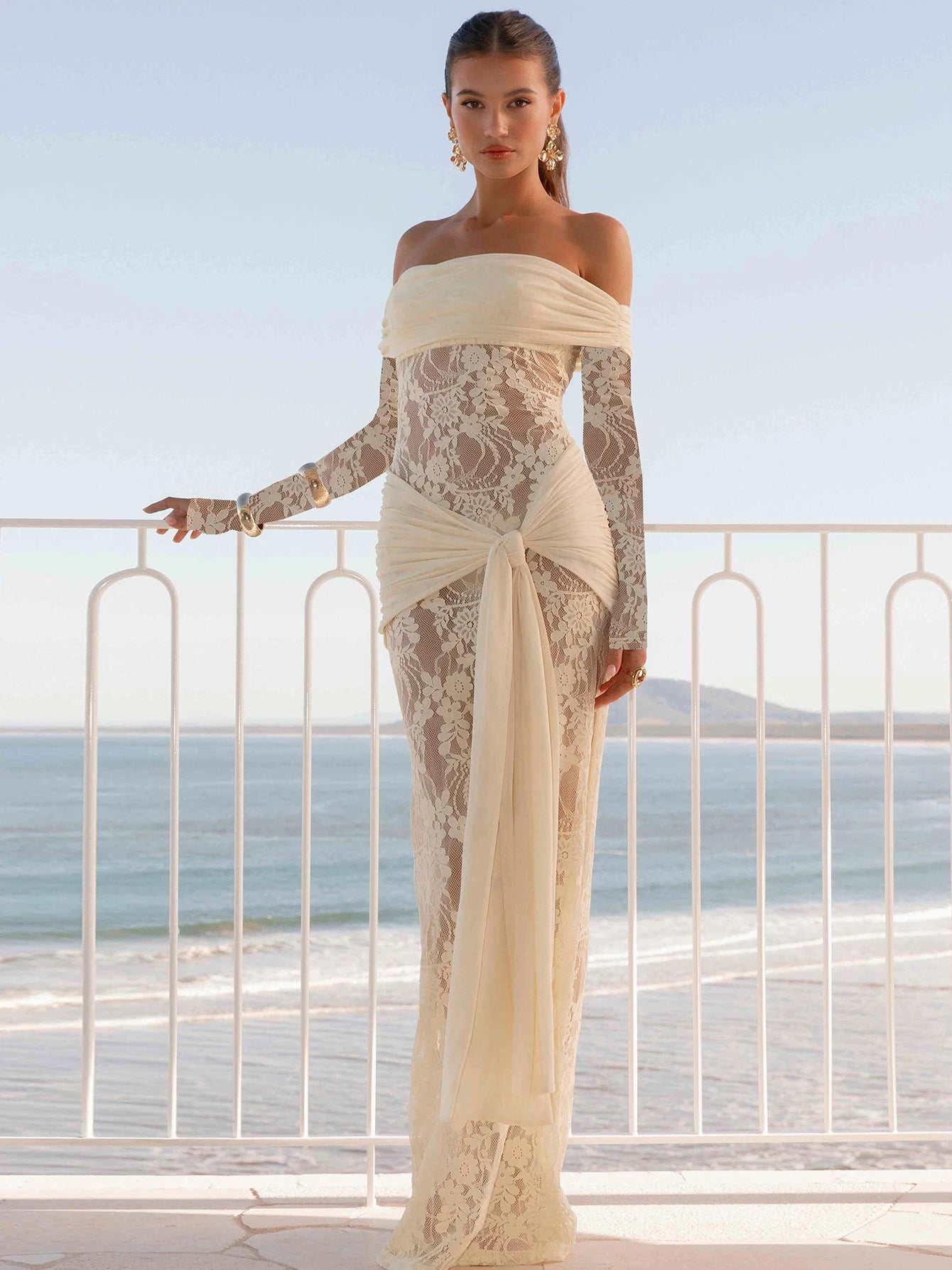 Sheer Lace-Up Ruched Backless Maxi Dress