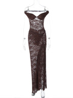 Sheer Lace Backless Side-Slit Two-Piece Set