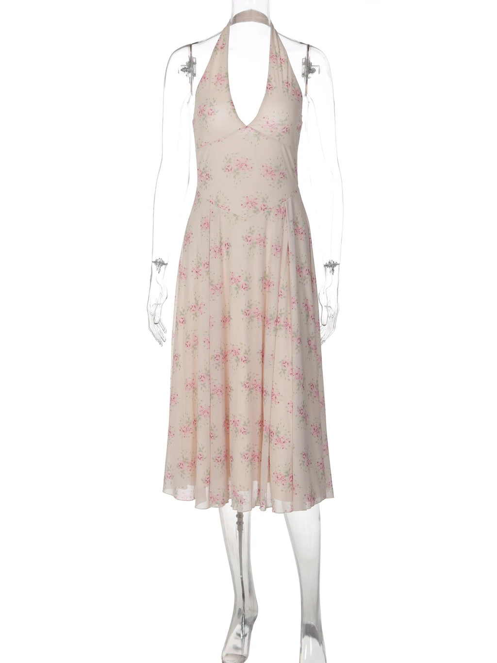Mesh Backless Halter Sleeveless Maxi Dress