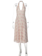 Mesh Backless Halter Sleeveless Maxi Dress