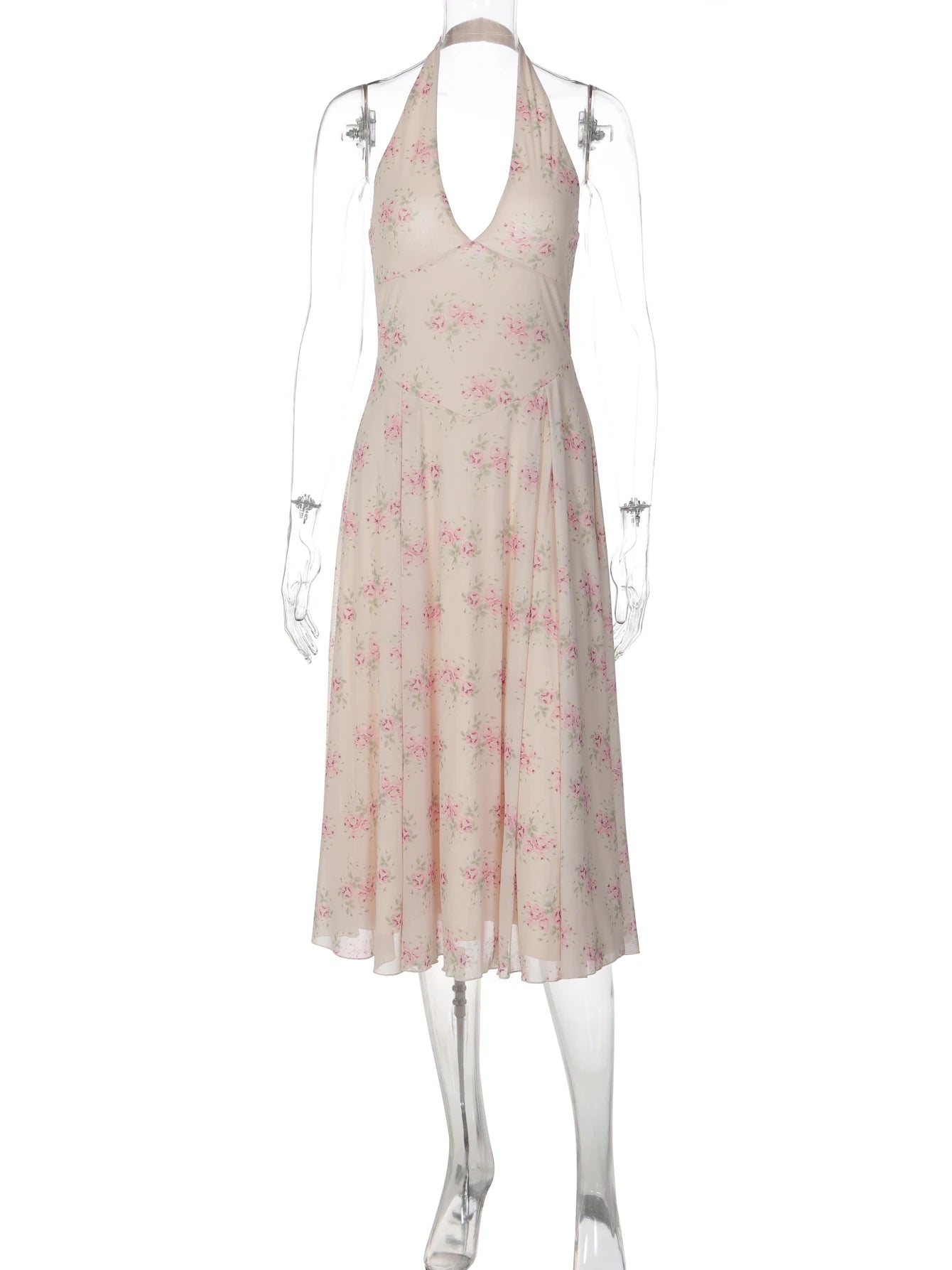 Mesh Backless Halter Sleeveless Maxi Dress
