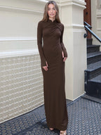 Side-Slit High-Neck Long-Sleeve Maxi Dress