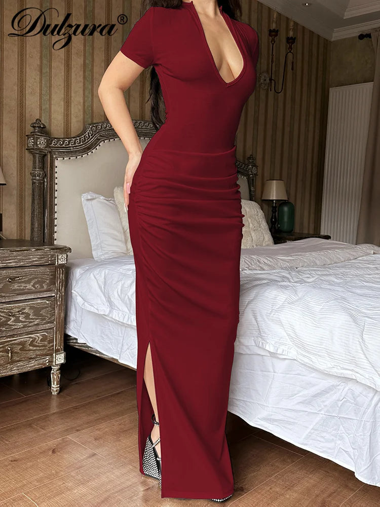 Ruched Side-Slit V-Neck Short-Sleeve Maxi Dress