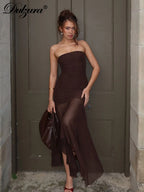 Mesh Sheer Ruched Backless Maxi Dress