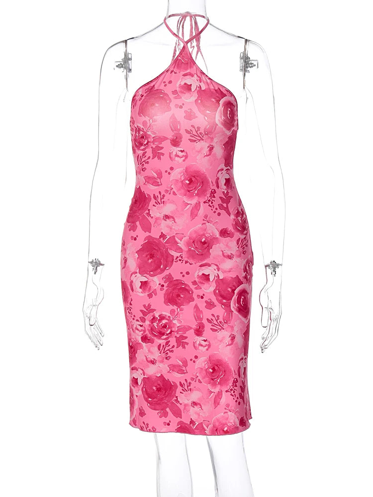Floral Lace-Up Backless Halter Mini Dress