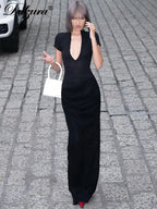 Ruched Side-Slit V-Neck Short-Sleeve Maxi Dress