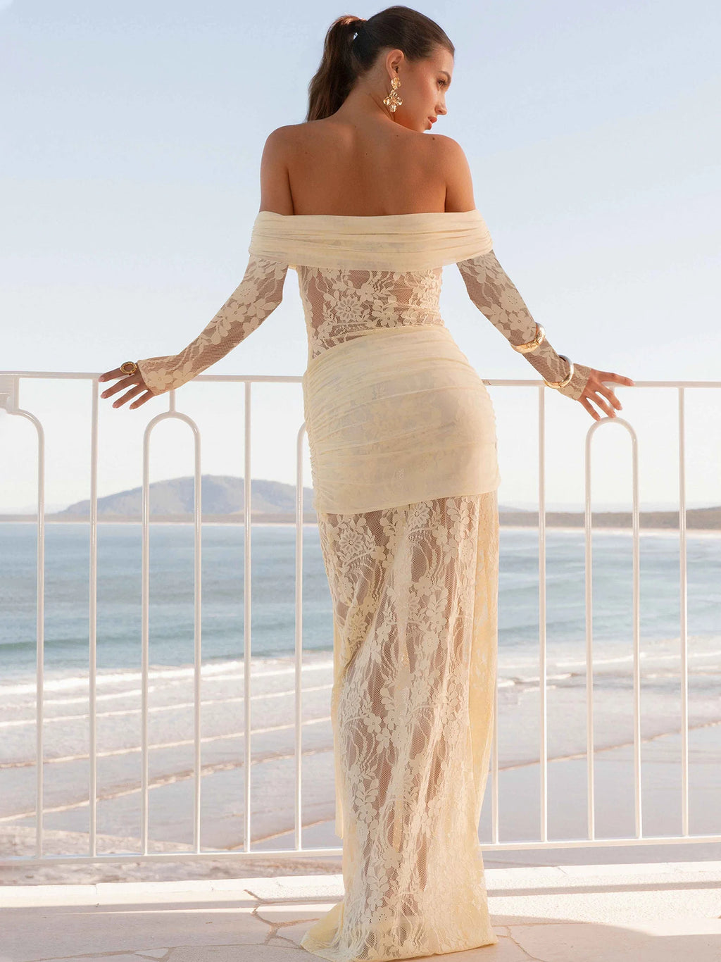 Sheer Lace-Up Ruched Backless Maxi Dress
