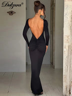 Ruched Backless Long-Sleeve Maxi Dress