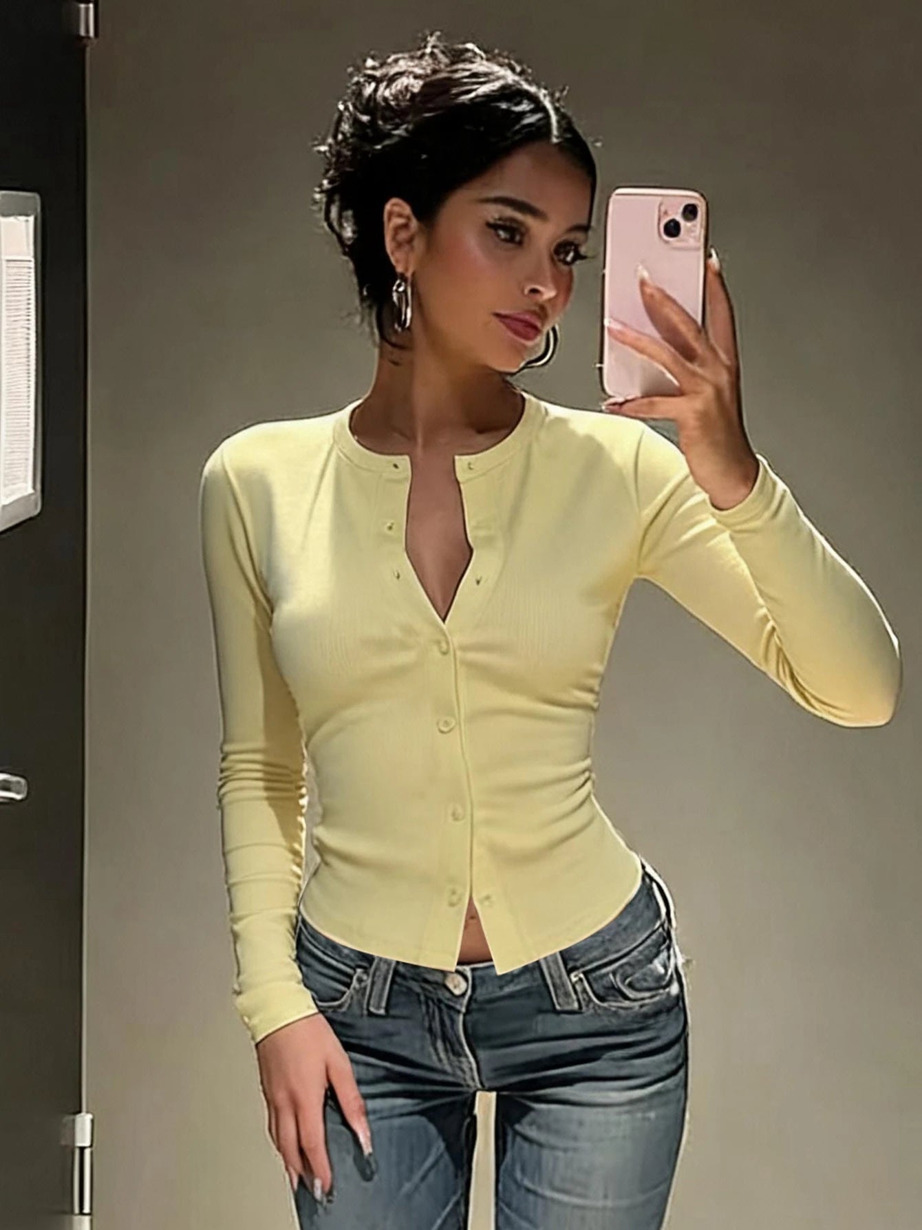 Button-Front Long-Sleeve Cardigan