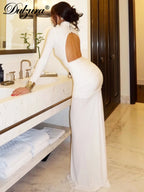 Ruched Backless High-Neck Long-Sleeve Maxi Dress
