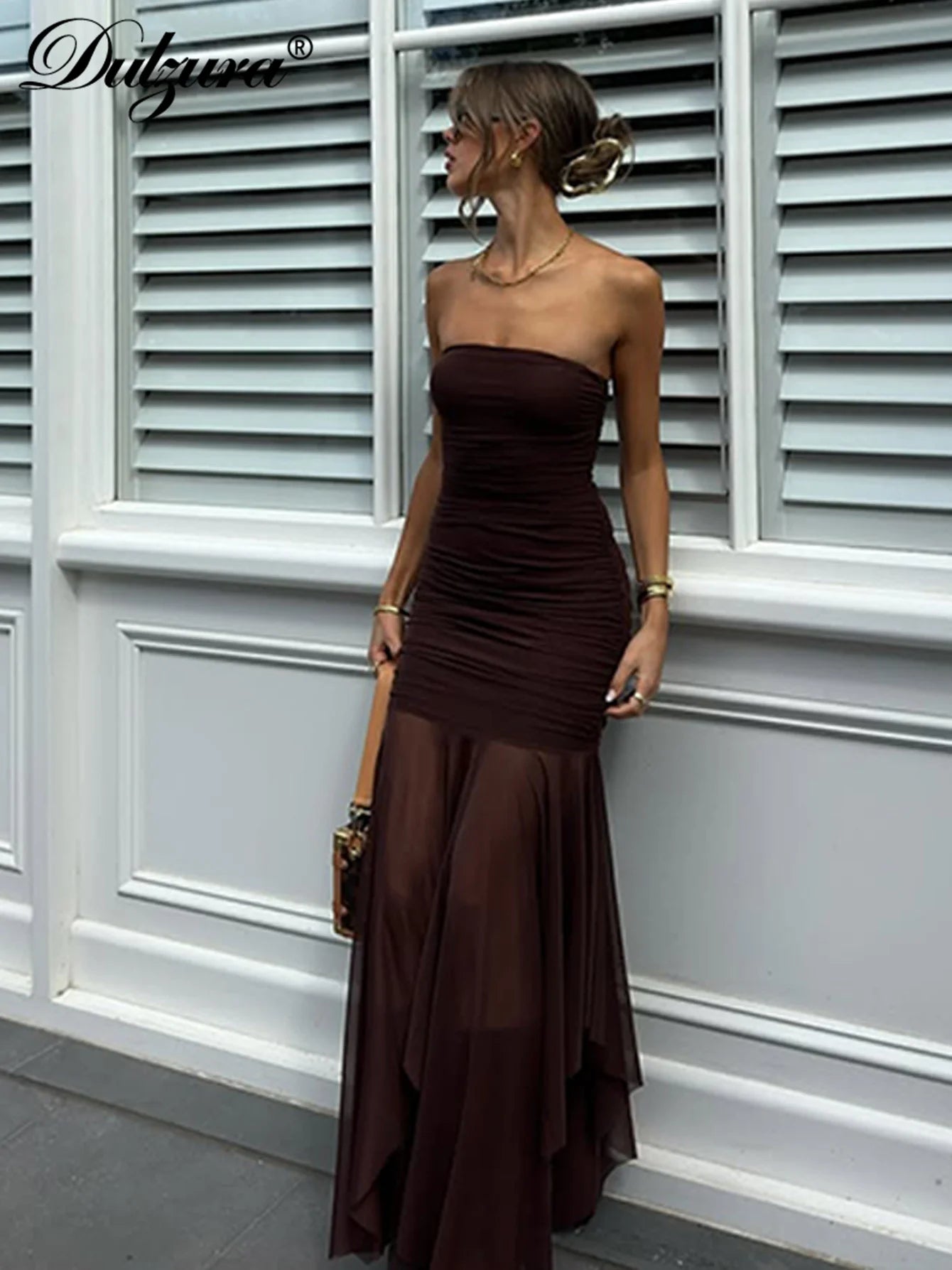 Mesh Sheer Ruched Backless Maxi Dress