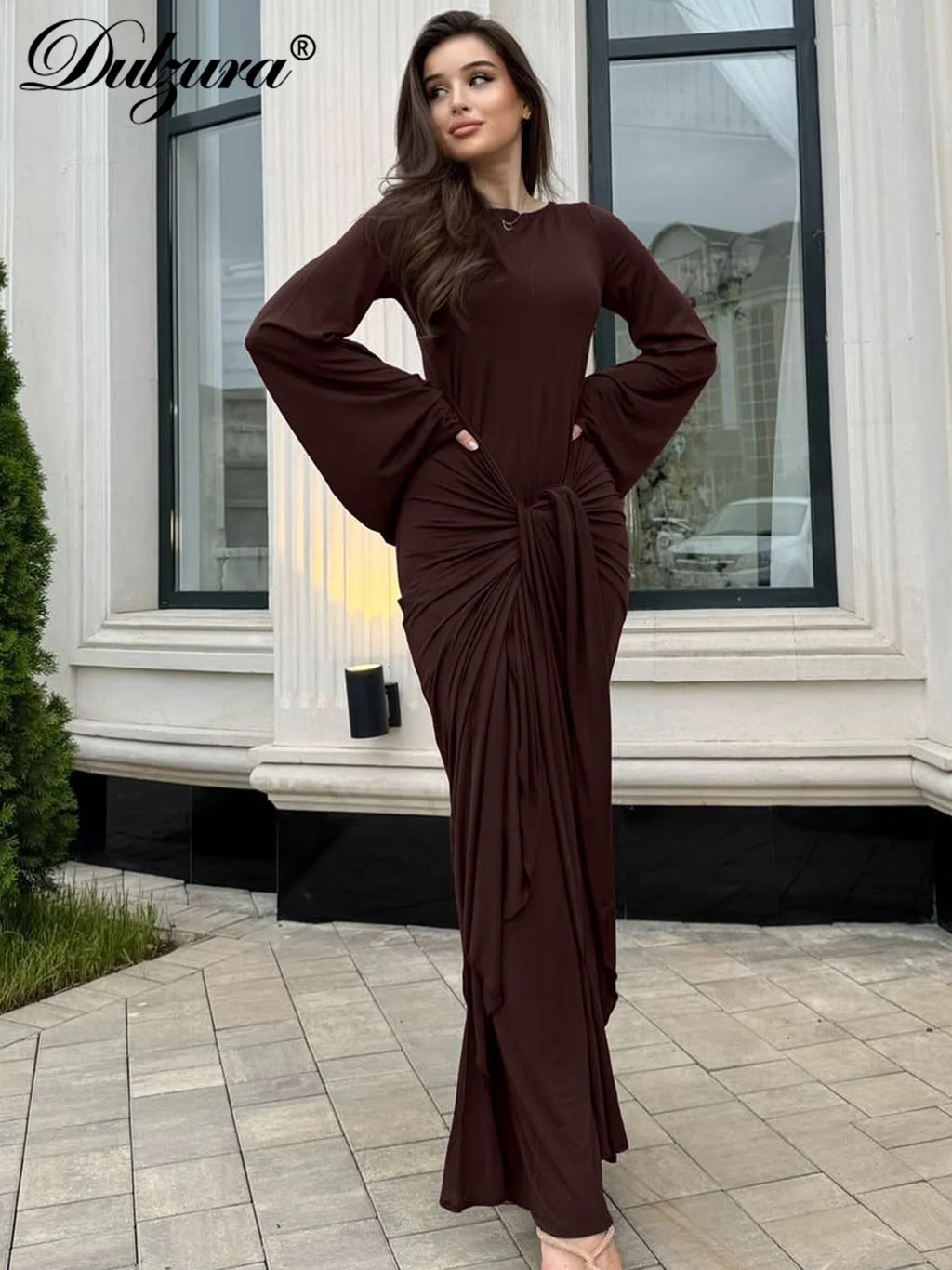Ruched Tie-Detail Slim-Fit Flared Maxi Dress