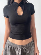 Lace Ruffle Short-Sleeve Cropped T-Shirt