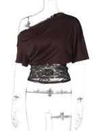Lace One-Shoulder Short-Sleeve Cropped T-Shirt