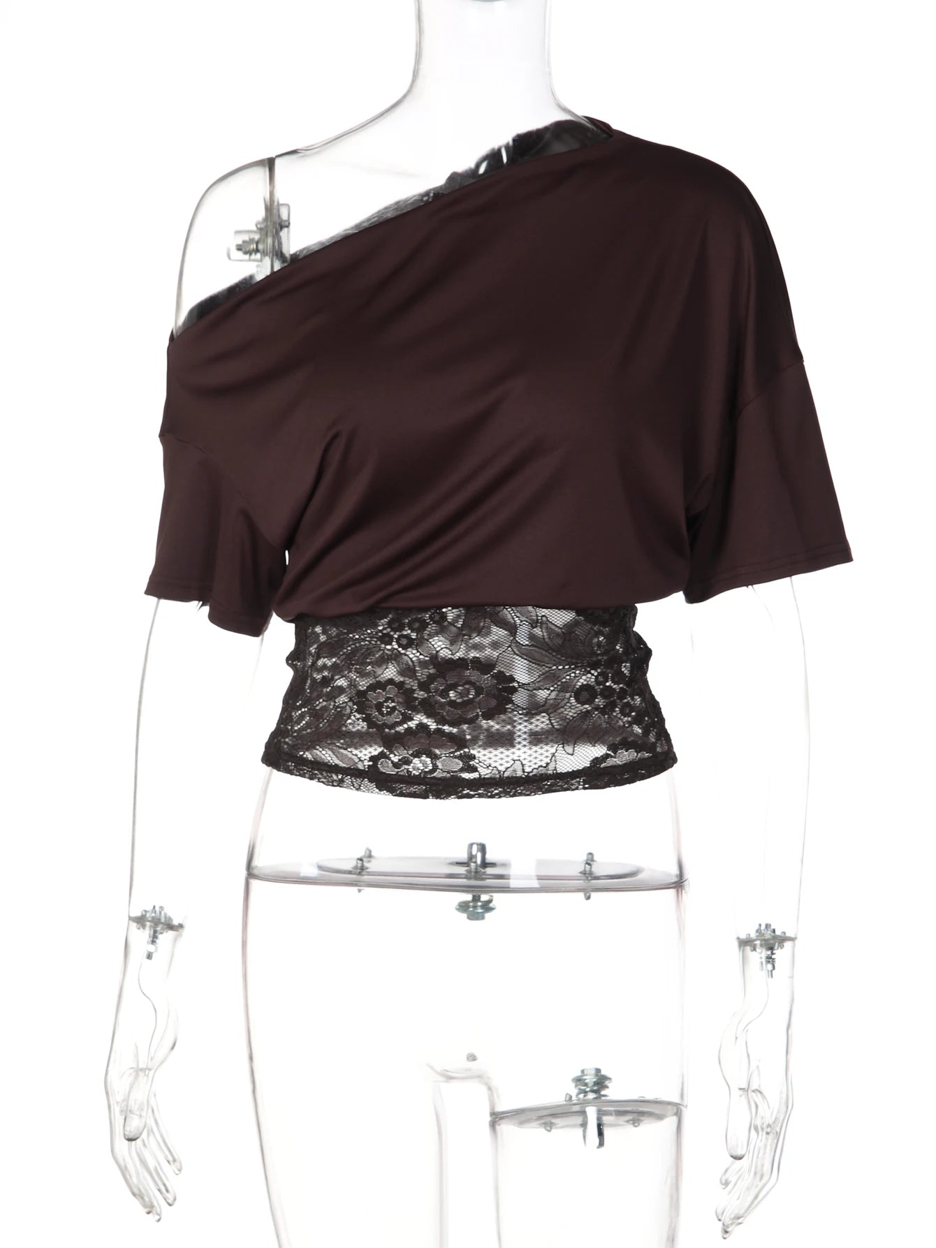 Lace One-Shoulder Short-Sleeve Cropped T-Shirt