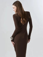 Side-Slit High-Neck Long-Sleeve Maxi Dress