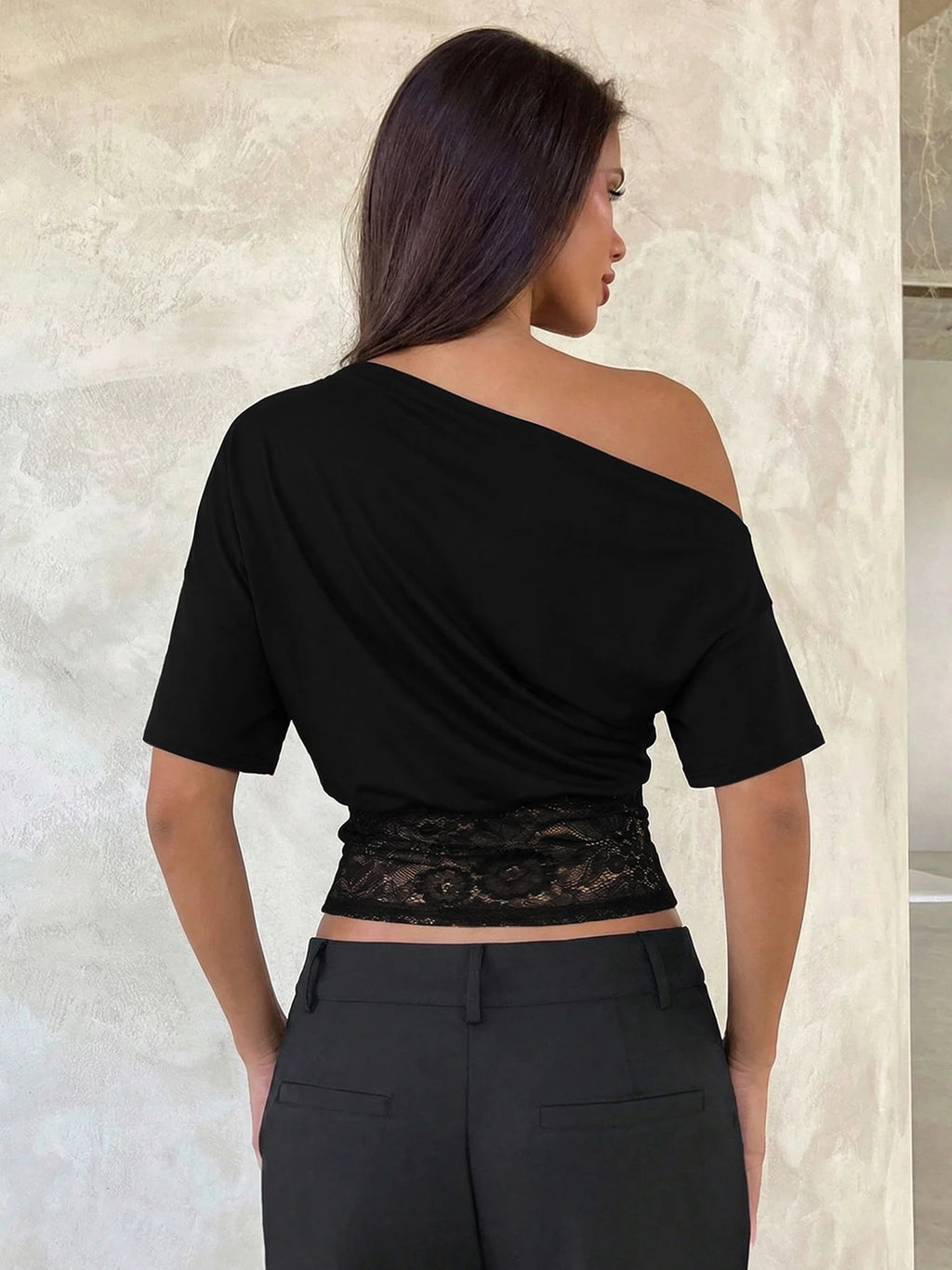 Lace One-Shoulder Short-Sleeve Cropped T-Shirt