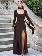 Pleated Side-Slit Tie-Detail Square-Neck Maxi Dress