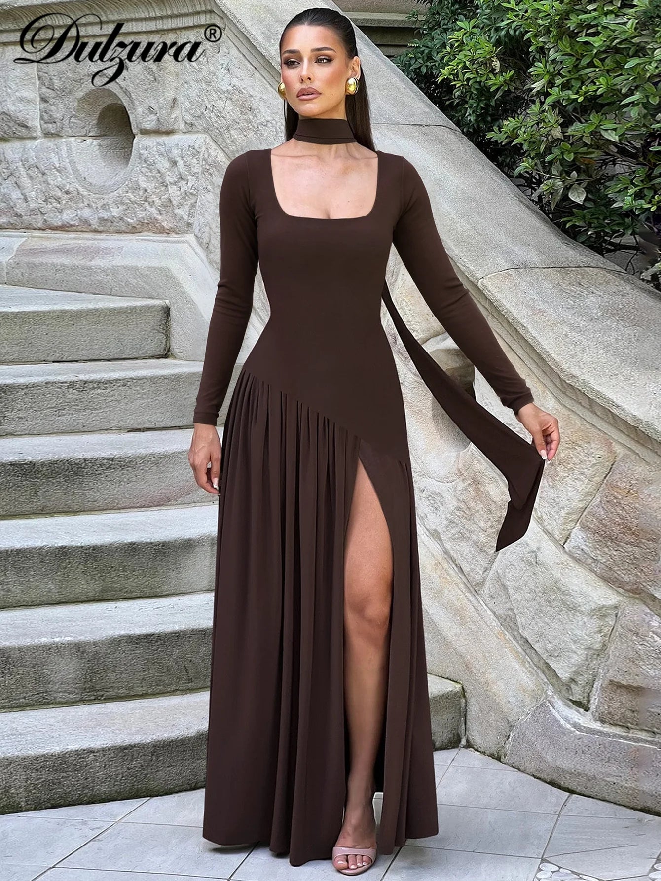 Pleated Side-Slit Tie-Detail Square-Neck Maxi Dress