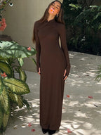 Side-Slit High-Neck Long-Sleeve Maxi Dress