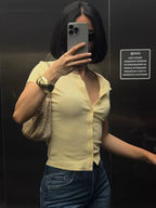 Button-Front Short-Sleeve Cropped Cardigan