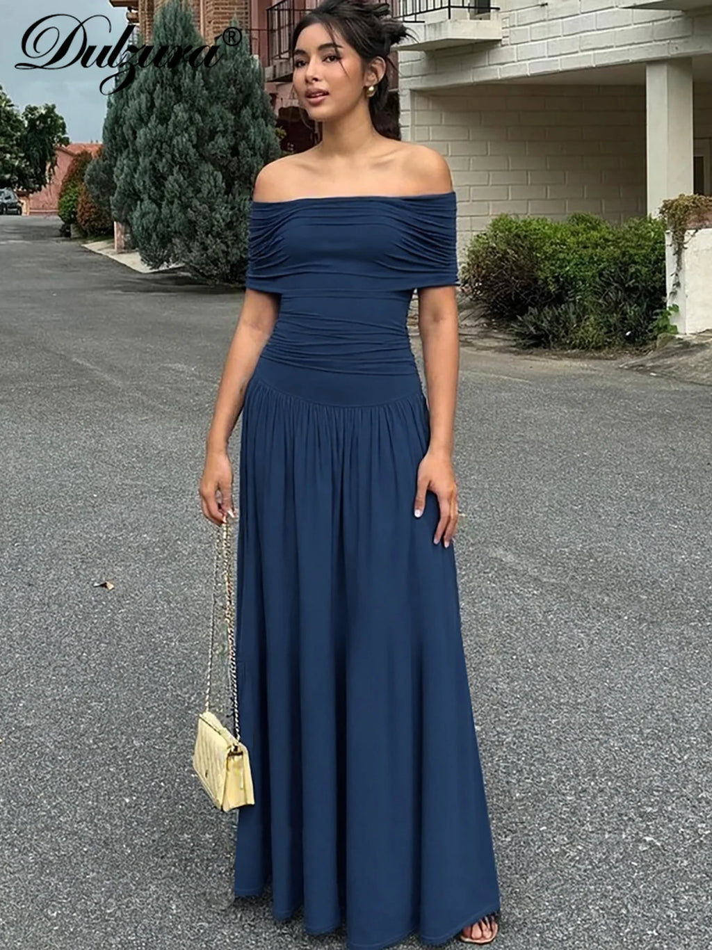 Ruched Pleated Backless Off-Shoulder Maxi Dress