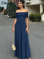 Ruched Pleated Backless Off-Shoulder Maxi Dress