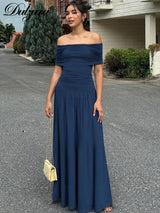 Ruched Pleated Backless Off-Shoulder Maxi Dress