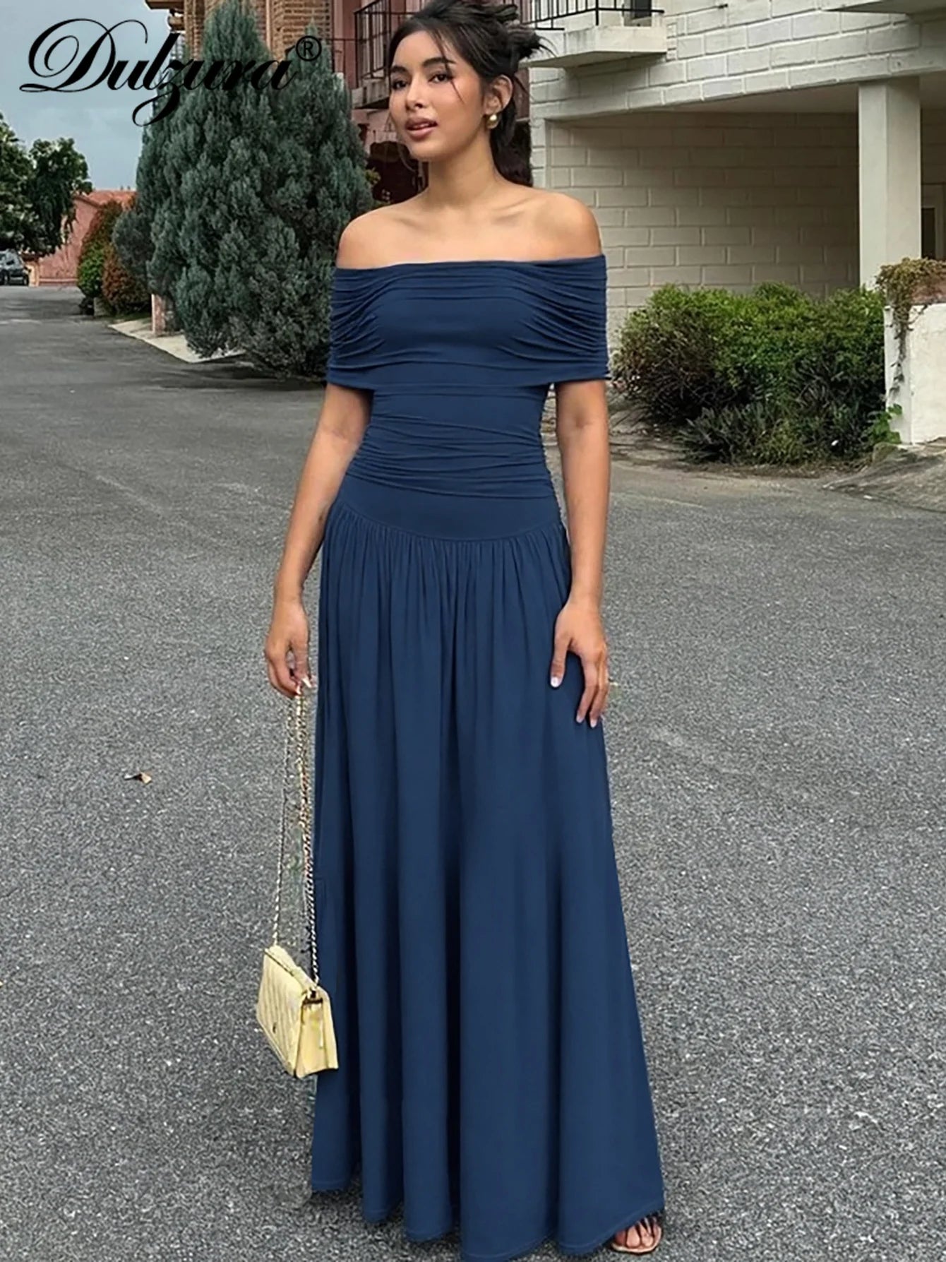 Ruched Pleated Backless Off-Shoulder Maxi Dress