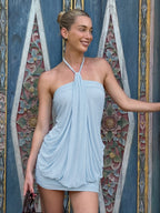 Mesh Ruched Backless Halter Mini Dress