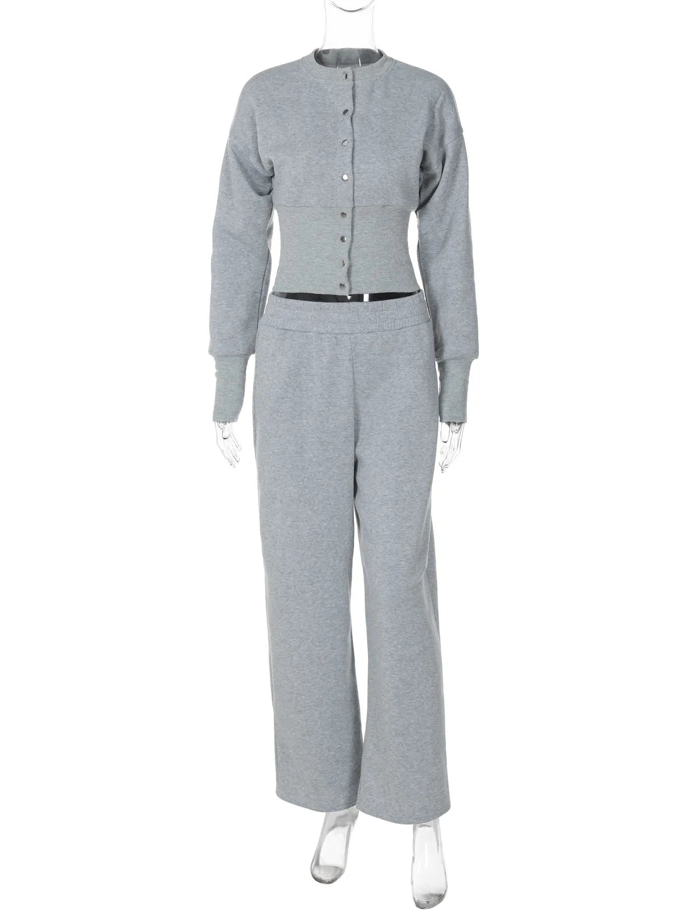 Button-Front Long-Sleeve Two-Piece Pants Set