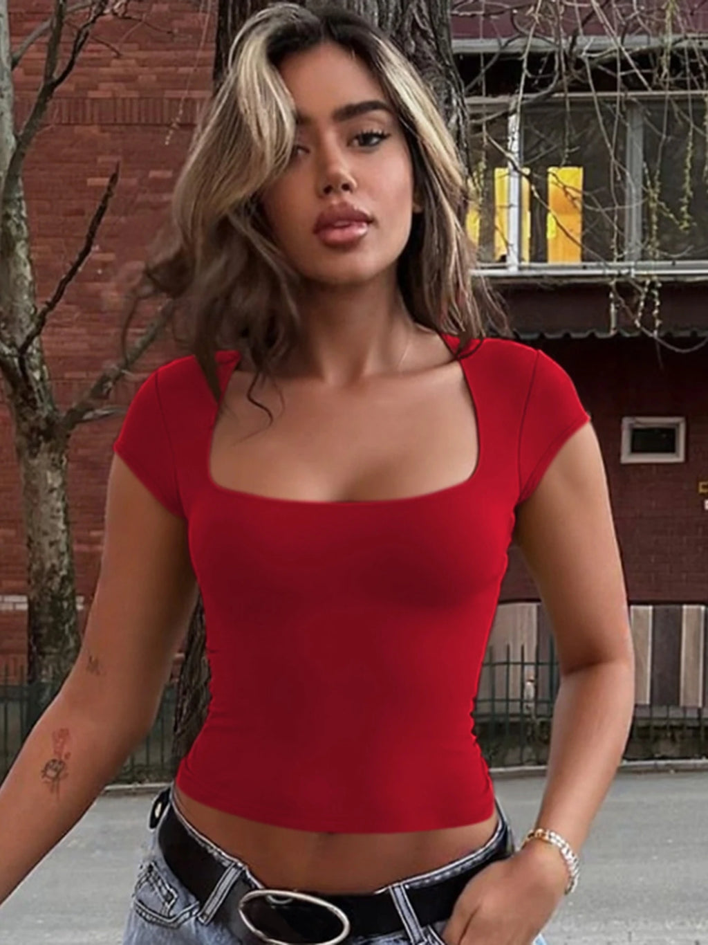 Short-Sleeve Bodycon Slim-Fit Cropped T-Shirt
