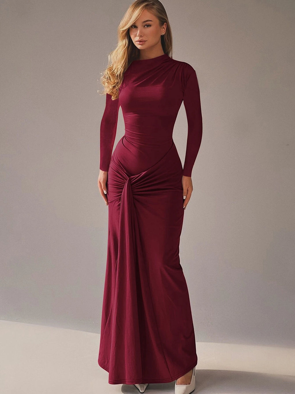 Lace-Up Ruched Long-Sleeve Maxi Dress
