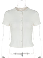 Button-Front Short-Sleeve Cropped Cardigan