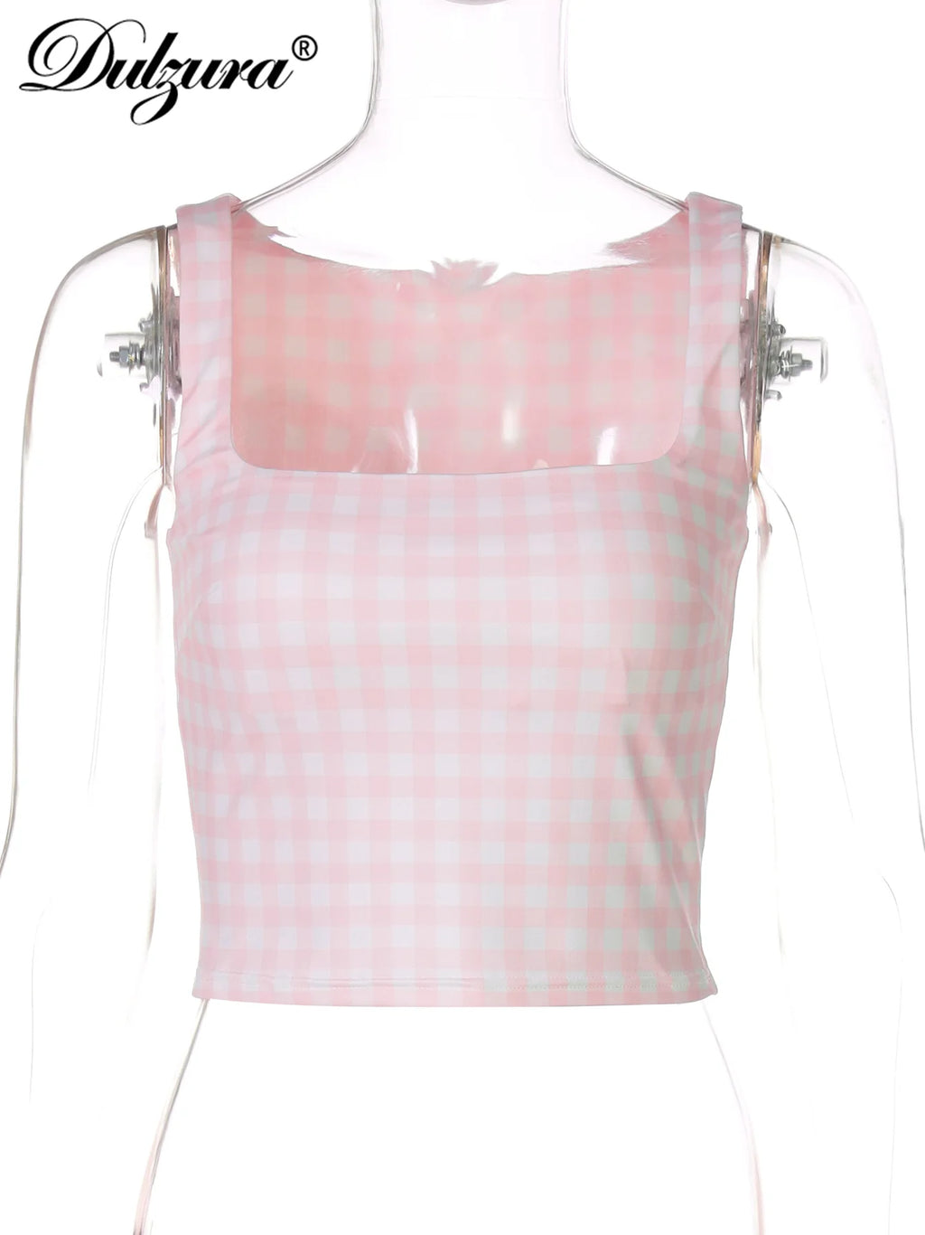 Plaid Square-Neck Sleeveless Slim-Fit Tank Top