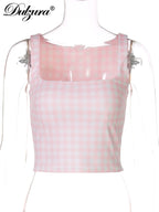 Plaid Square-Neck Sleeveless Slim-Fit Tank Top
